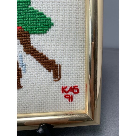 Vintage Framed Cross-Stitch Victorian Ice Skating Scene Signed KAB 1991 - Picture 4 of 9